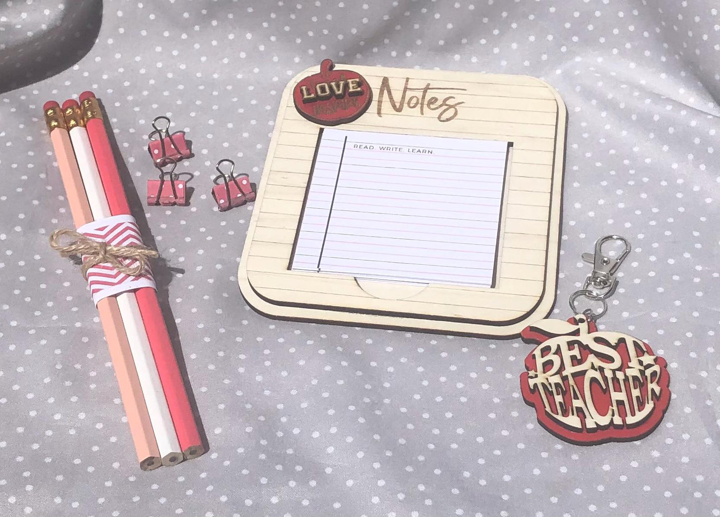 Teacher Appreciation Gift Set, memo pad, clips, keychain and pencils