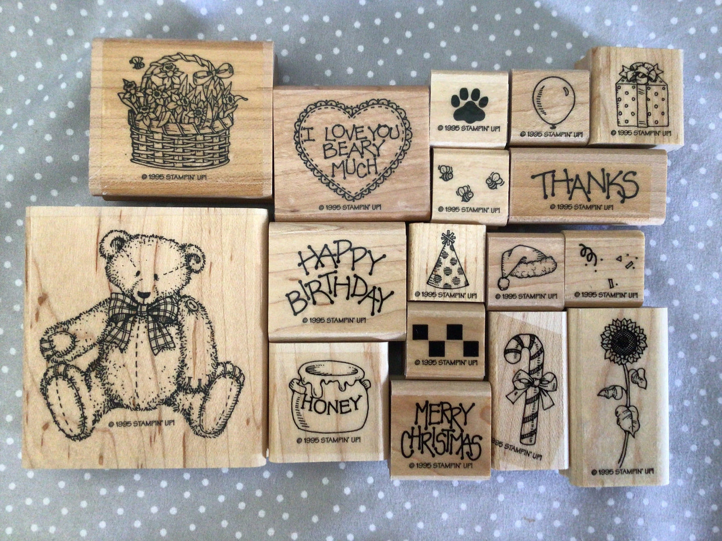 Cute Teddy Bear, Retired Stampin Up 1995! Stamp set Button Bear, Flower Basket Stamp