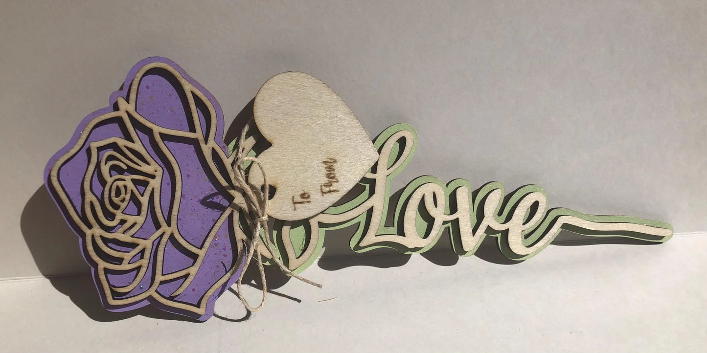 Rose with Love on stem, Lavender with Glitter- Laser Cut-great for Valentine, Birthdays, Mother’s Day, Wedding gifts.