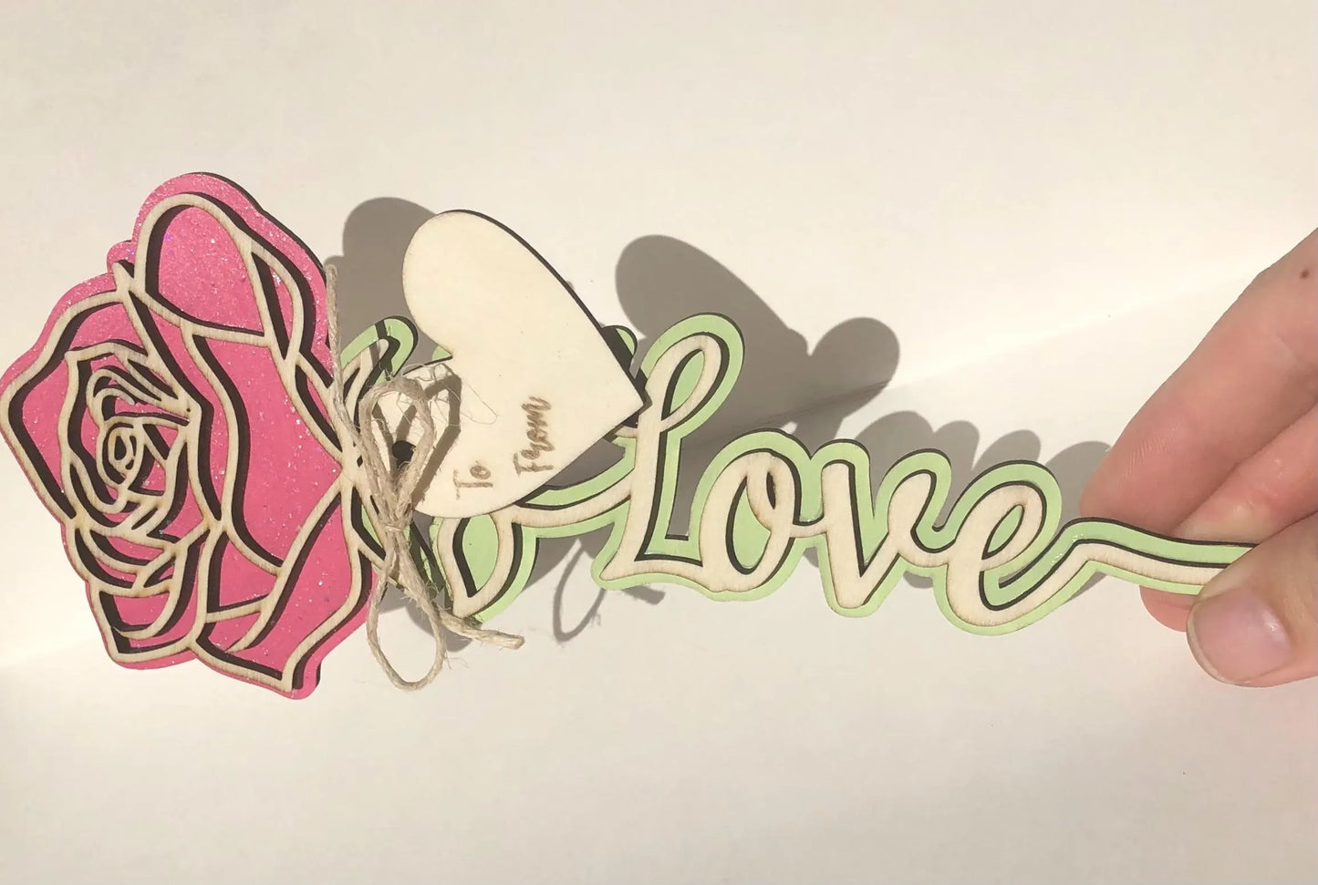 Rose with Love on stem, Pink with Glitter- Laser Cut-great for Valentine, Birthdays, Mother’s Day, Wedding gifts.