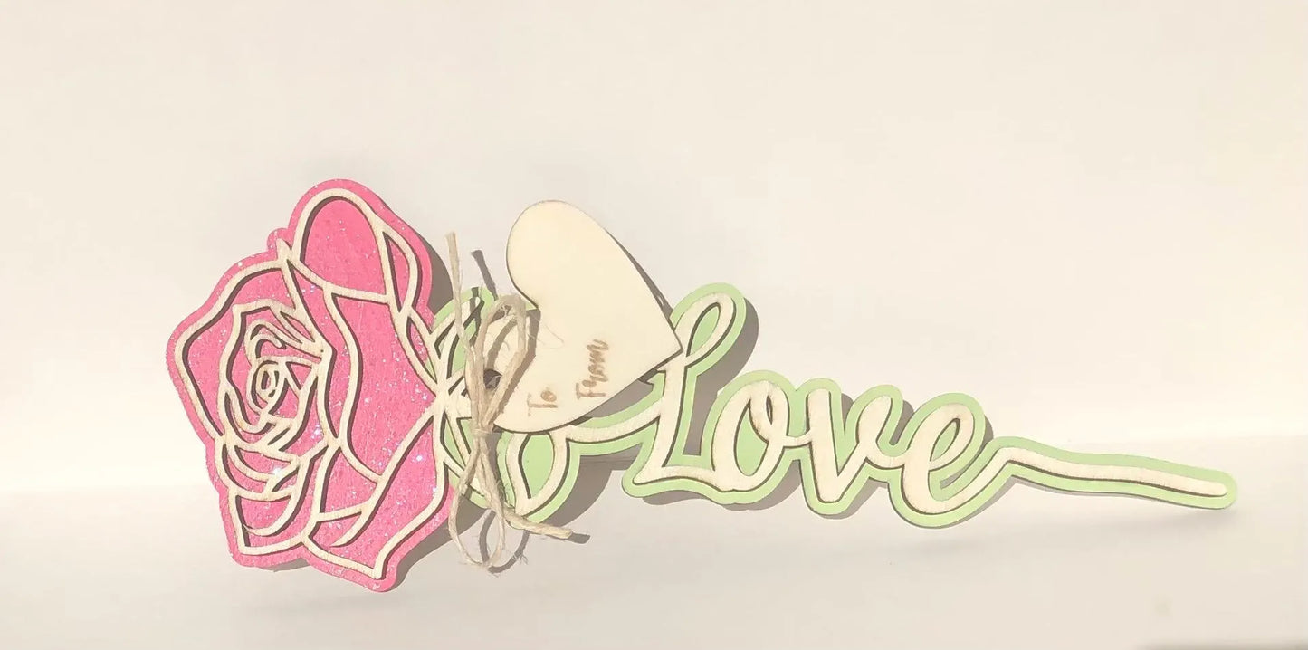 Rose with Love on stem, Pink with Glitter- Laser Cut-great for Valentine, Birthdays, Mother’s Day, Wedding gifts.