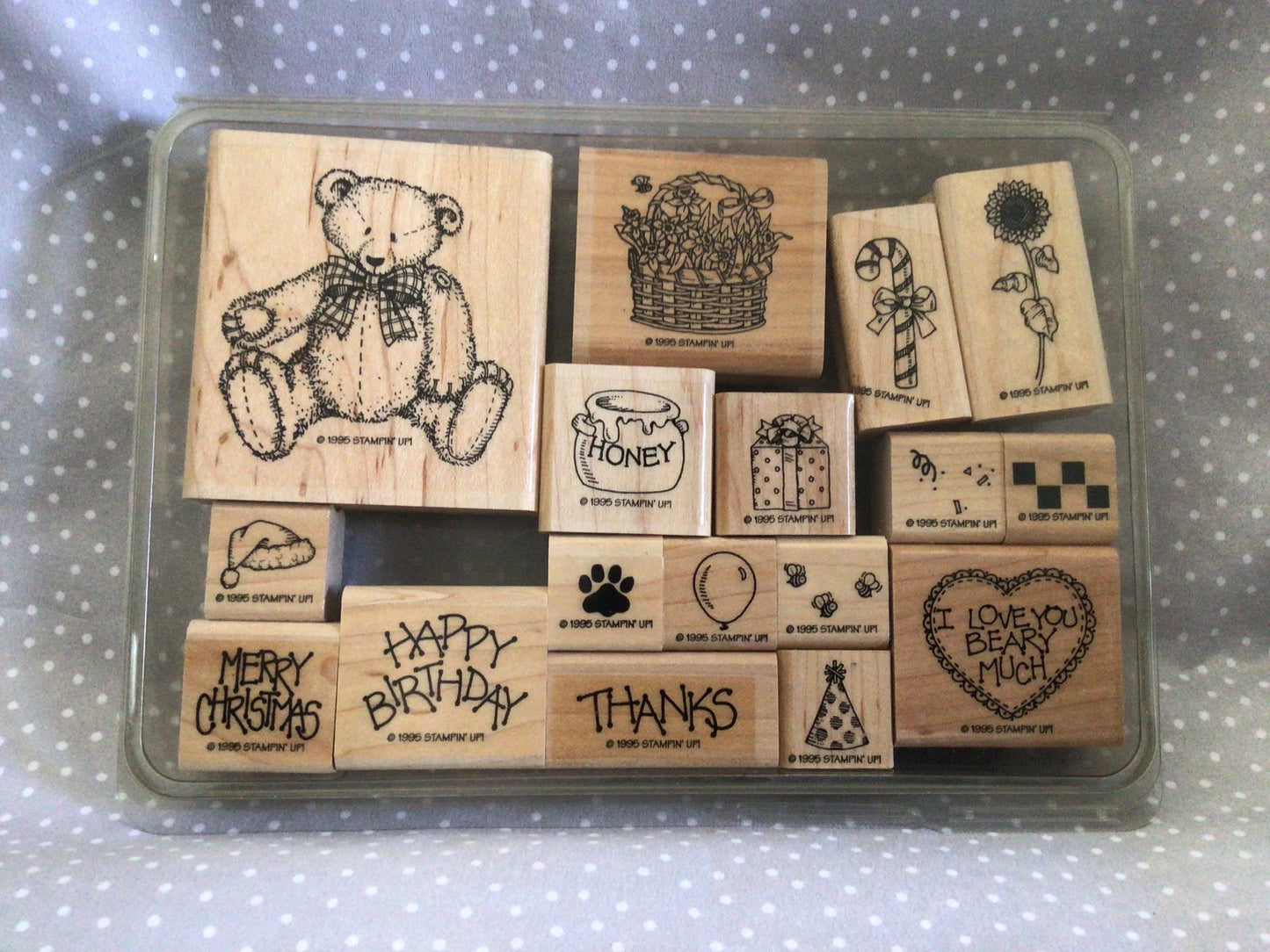 Cute Teddy Bear, Retired Stampin Up 1995! Stamp set Button Bear, Flower Basket Stamp