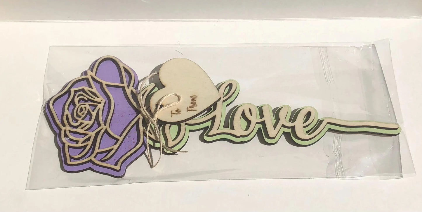 Rose with Love on stem, Lavender with Glitter- Laser Cut-great for Valentine, Birthdays, Mother’s Day, Wedding gifts.