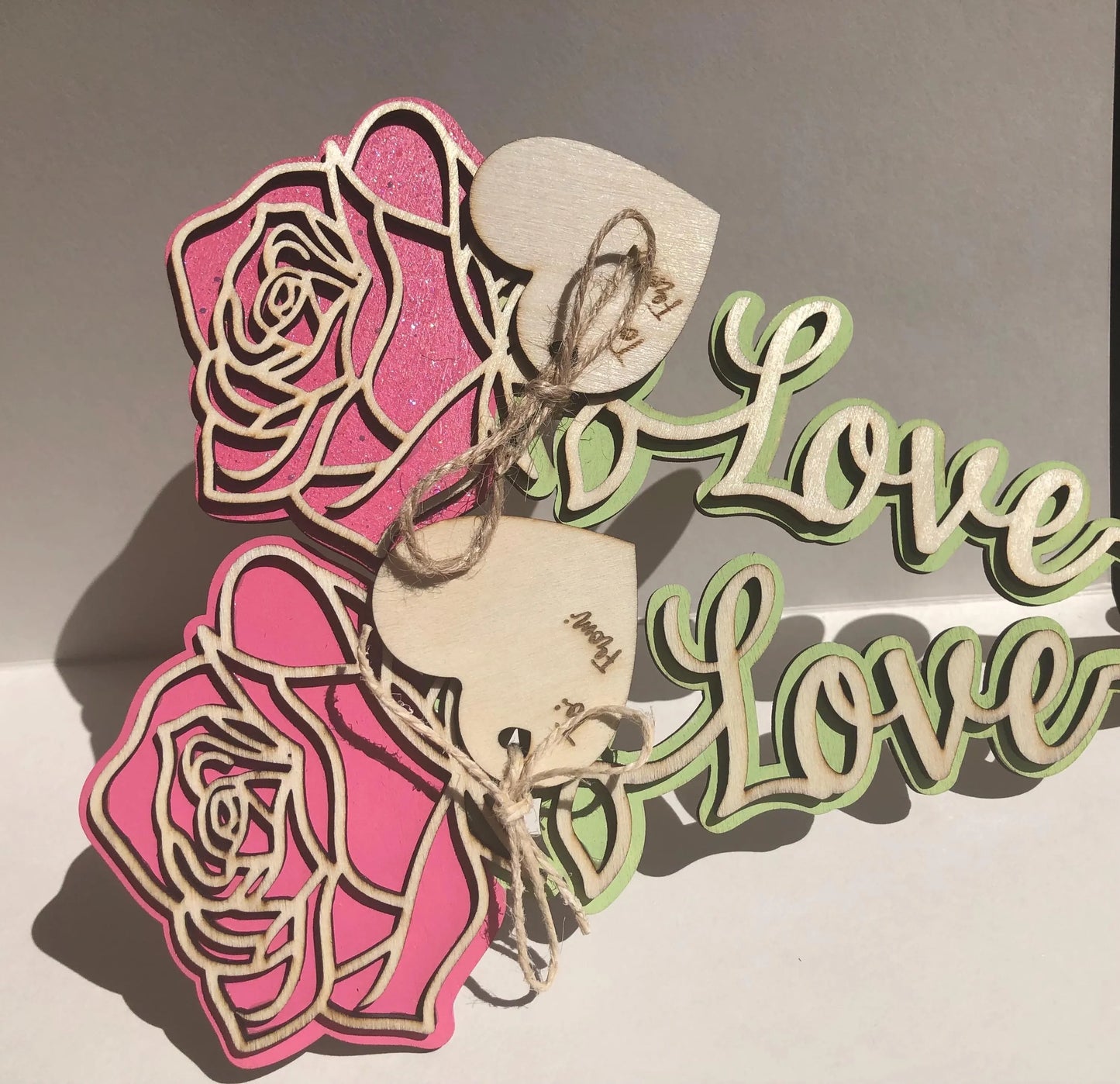 Rose with Love on stem, Pink with Glitter- Laser Cut-great for Valentine, Birthdays, Mother’s Day, Wedding gifts.