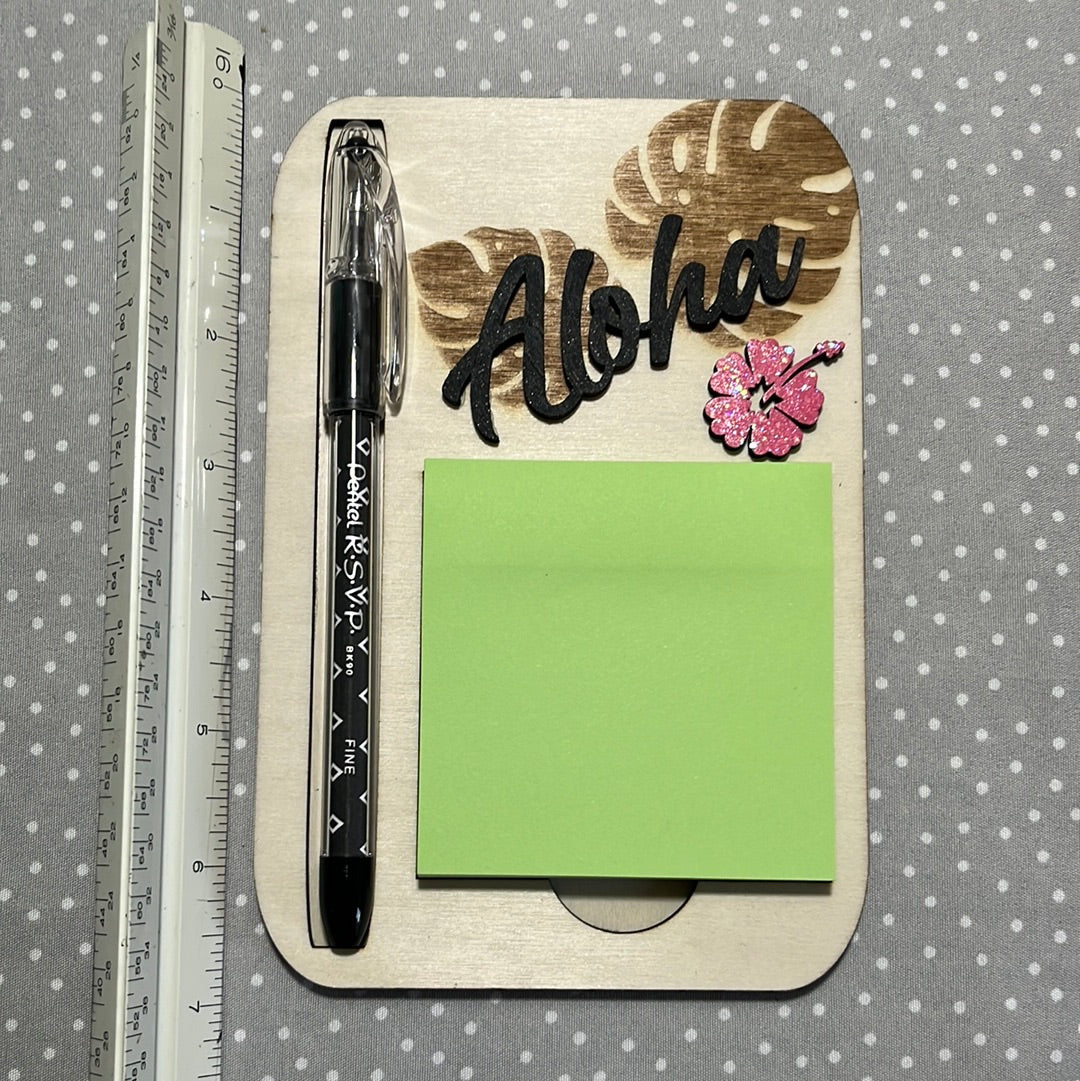 Post it with pen, Monstera with Aloha, Laser Engraved wood