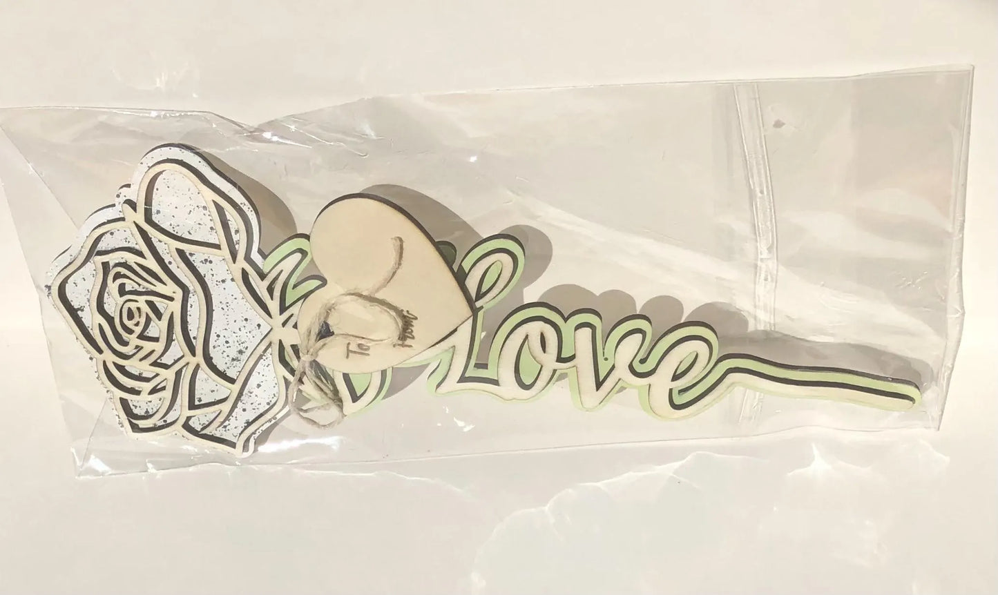 Rose with Love on stem, White with Glitter- Laser Cut-great for Valentine, Birthdays, Mother’s Day, Wedding gifts.