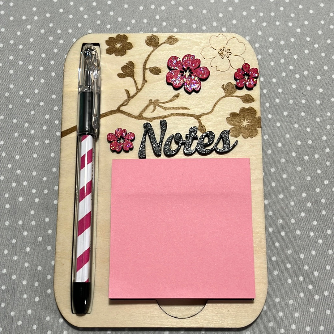 Post it with pen, Cherry Blossom with Notes, Laser Engraved wood