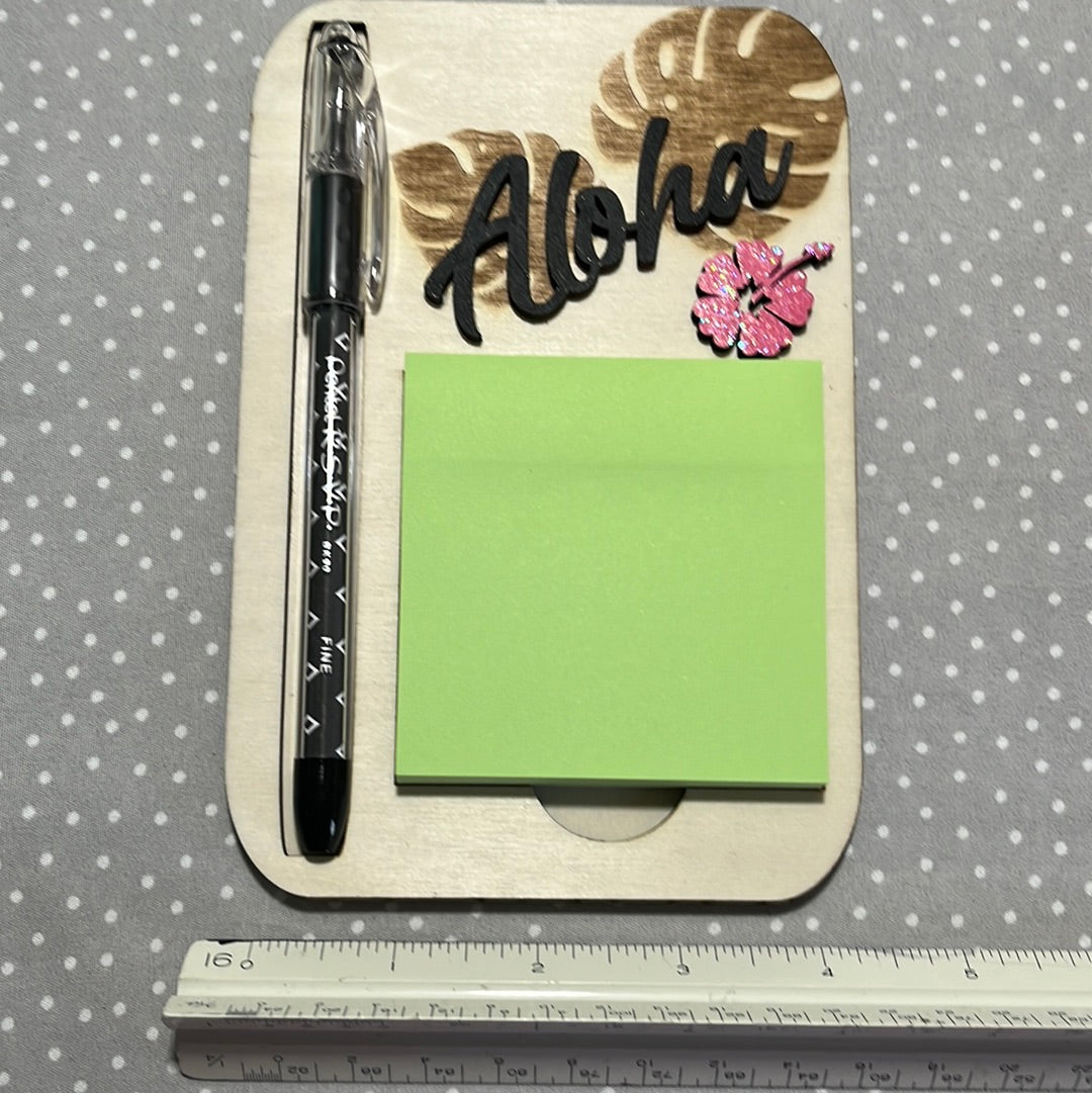 Post it with pen, Monstera with Aloha, Laser Engraved wood