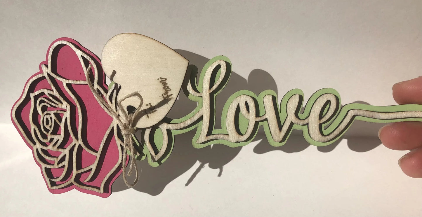 Rose with Love on stem, Pink with Glitter- Laser Cut-great for Valentine, Birthdays, Mother’s Day, Wedding gifts.