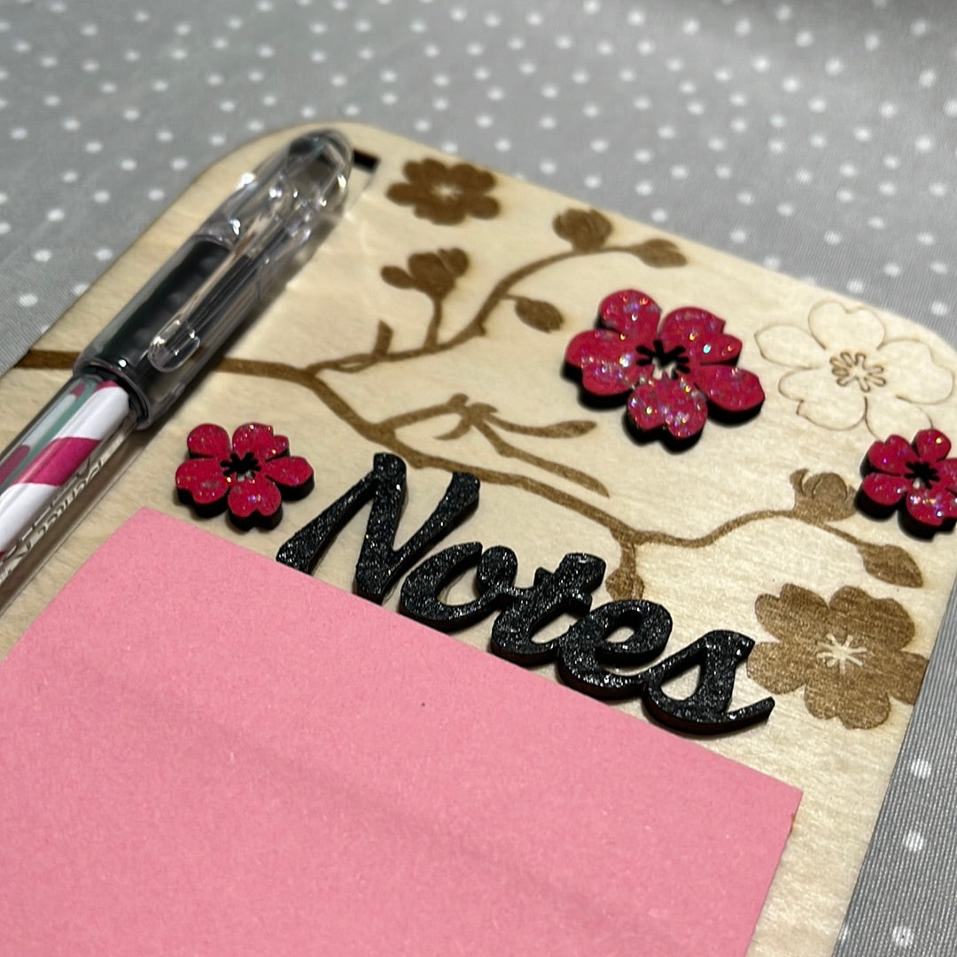 Post it with pen, Cherry Blossom with Notes, Laser Engraved wood