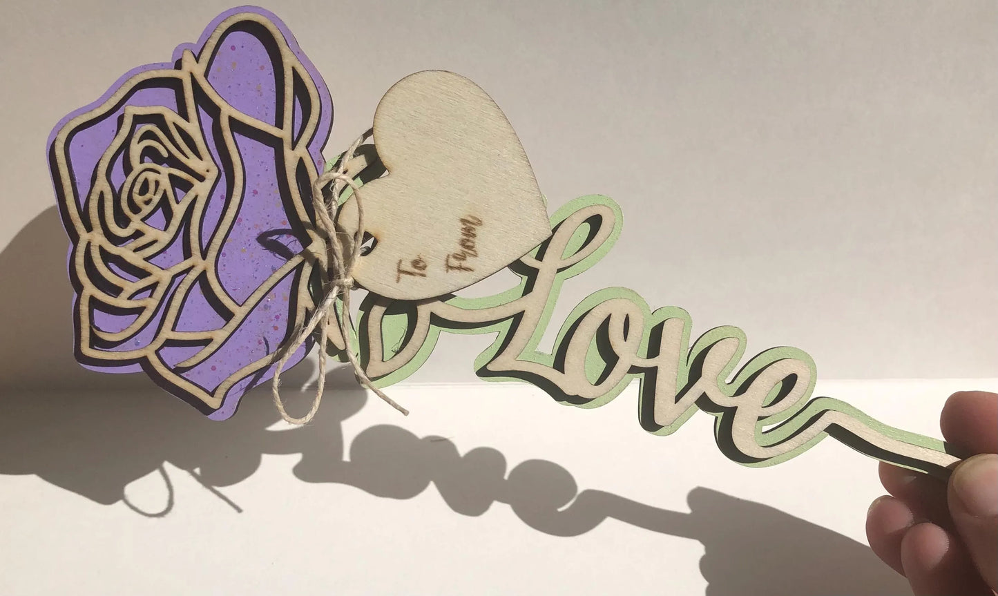 Rose with Love on stem, Lavender with Glitter- Laser Cut-great for Valentine, Birthdays, Mother’s Day, Wedding gifts.