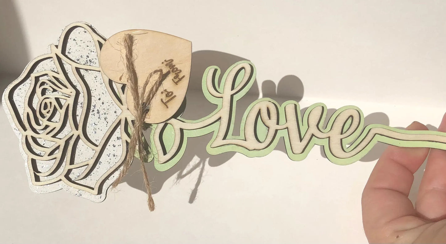 Rose with Love on stem, White with Glitter- Laser Cut-great for Valentine, Birthdays, Mother’s Day, Wedding gifts.