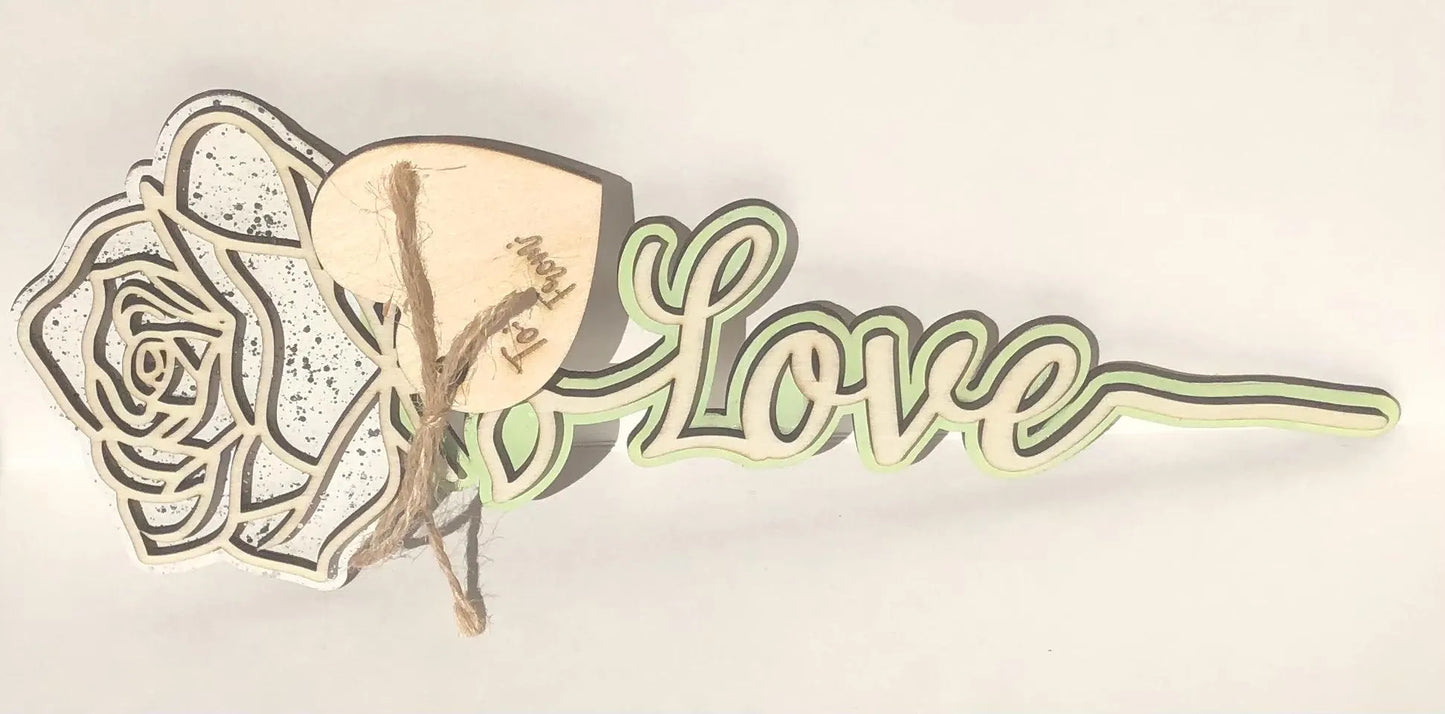 Rose with Love on stem, White with Glitter- Laser Cut-great for Valentine, Birthdays, Mother’s Day, Wedding gifts.