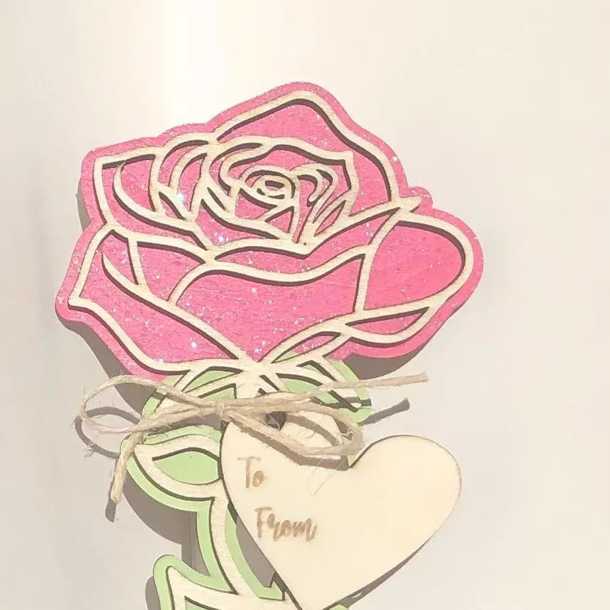 Rose with Love on stem, Pink with Glitter- Laser Cut-great for Valentine, Birthdays, Mother’s Day, Wedding gifts.