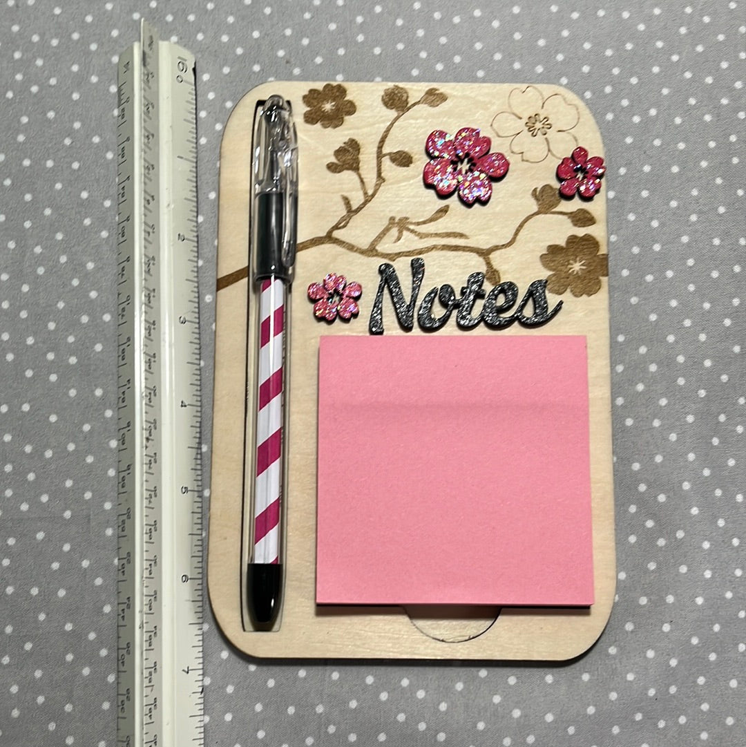 Post it with pen, Cherry Blossom with Notes, Laser Engraved wood