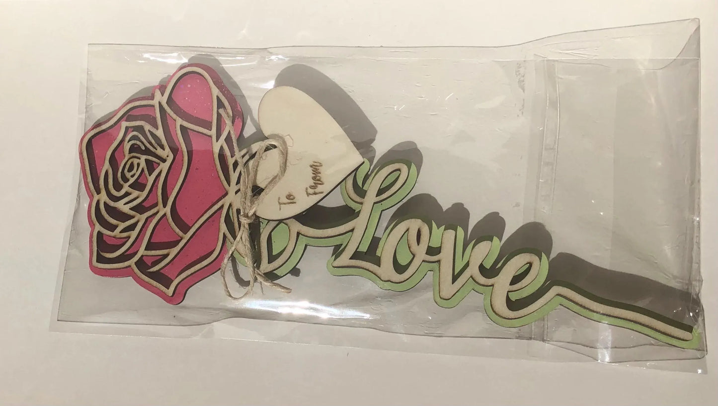 Rose with Love on stem, Pink with Glitter- Laser Cut-great for Valentine, Birthdays, Mother’s Day, Wedding gifts.