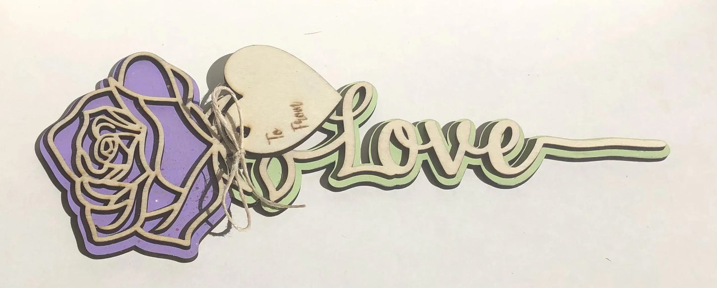 Rose with Love on stem, Lavender with Glitter- Laser Cut-great for Valentine, Birthdays, Mother’s Day, Wedding gifts.