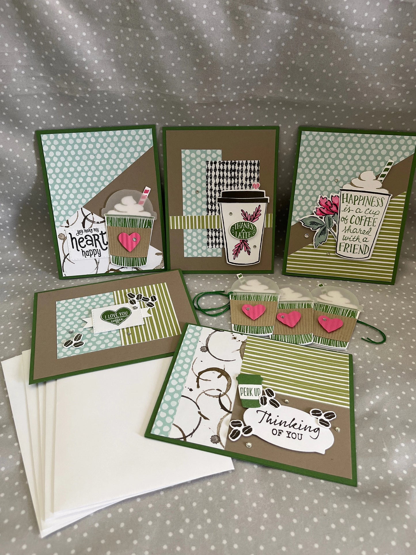 Handmade Coffee Lover Card & Tag Gift Set- 5 count greeting cards with envelopes- 3 count gift tags (tags folds like a card)