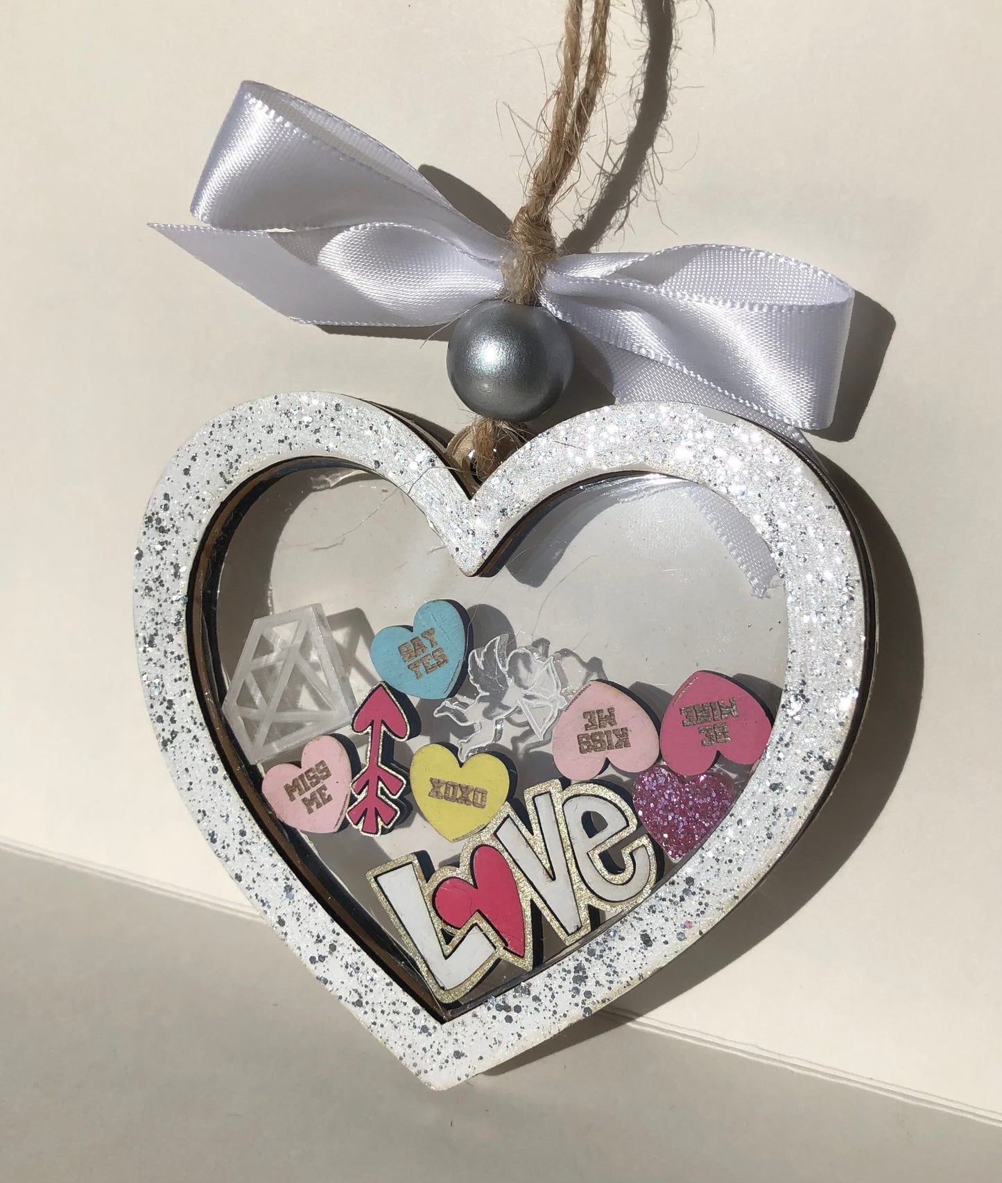 Valentine’s Shaker Ornament - White Glitter Heart with Silver Ball