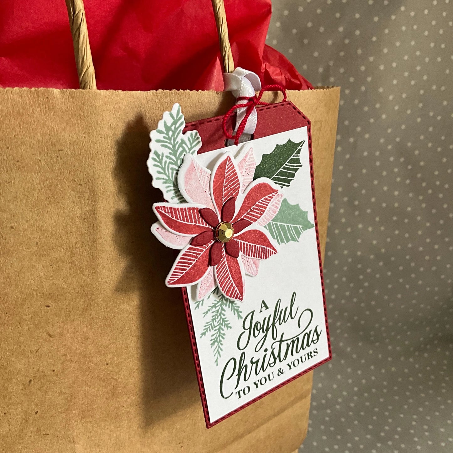 Hand Crafted Stampin Up! Joyful Christmas Poinsettia Tag, Pack of 5