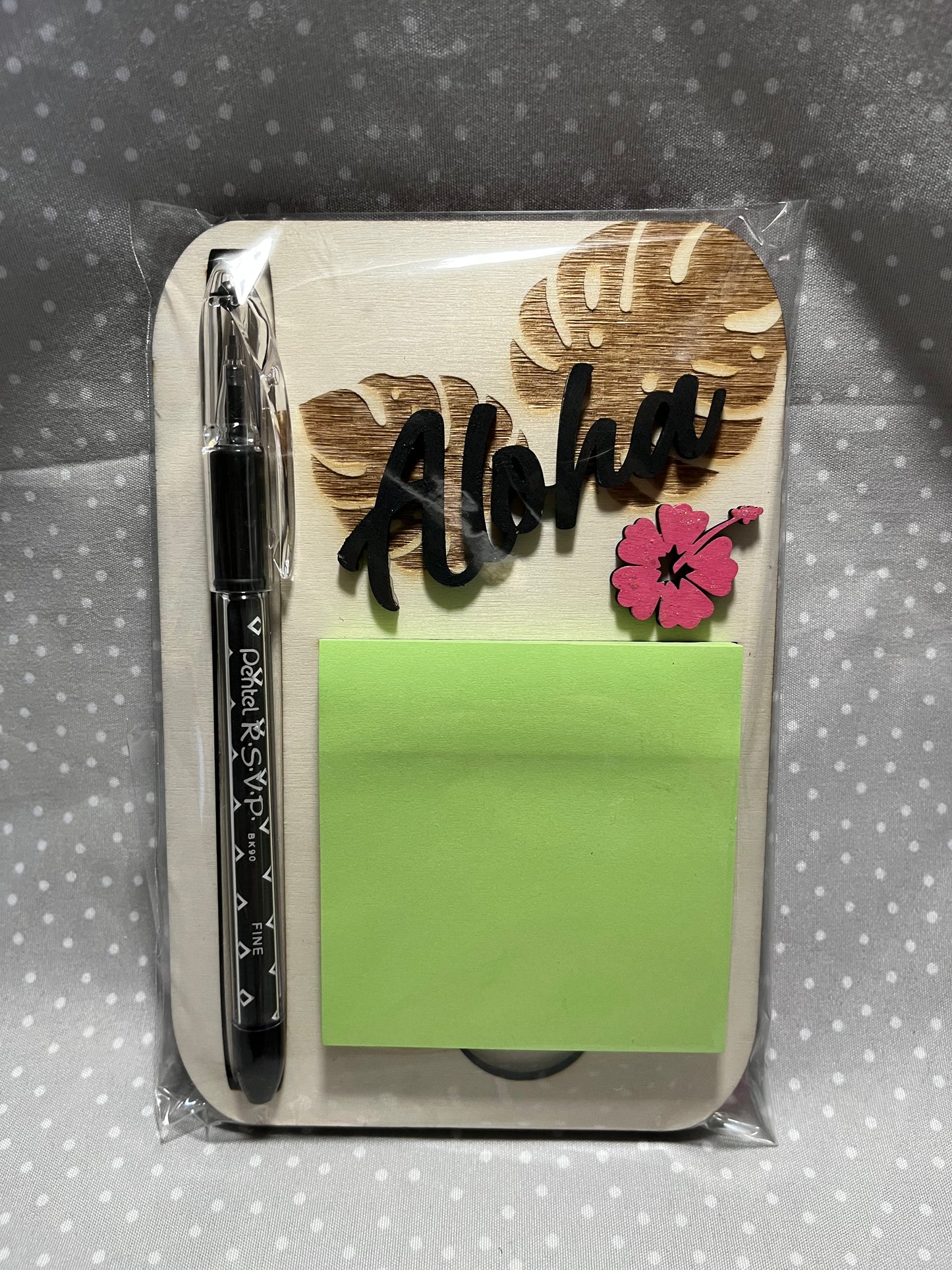 Post it with pen, Monstera with Aloha, Laser Engraved wood