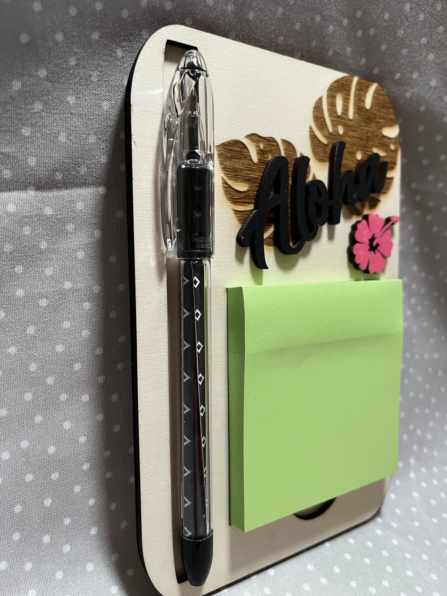 Post it with pen, Monstera with Aloha, Laser Engraved wood