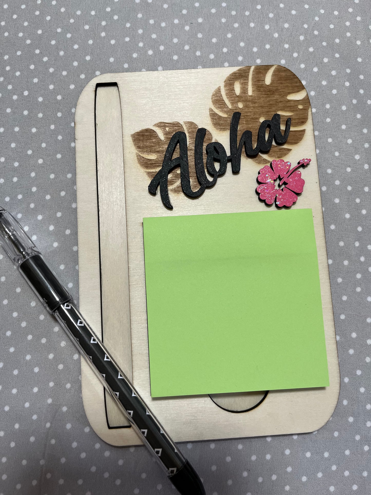 Post it with pen, Monstera with Aloha, Laser Engraved wood