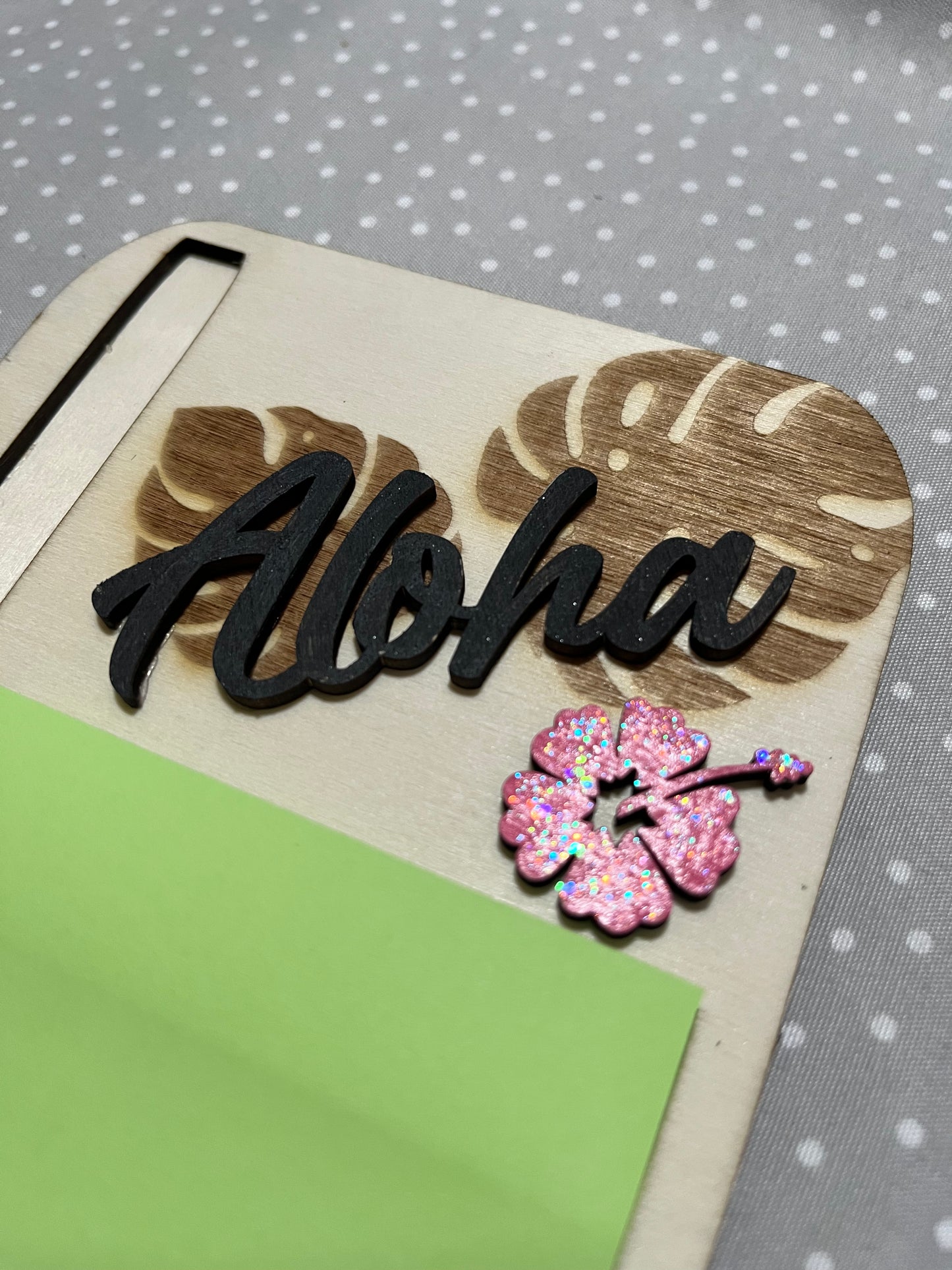 Post it with pen, Monstera with Aloha, Laser Engraved wood