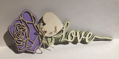 Rose with Love on stem, Lavender with Glitter- Laser Cut-great for Valentine, Birthdays, Mother’s Day, Wedding gifts.