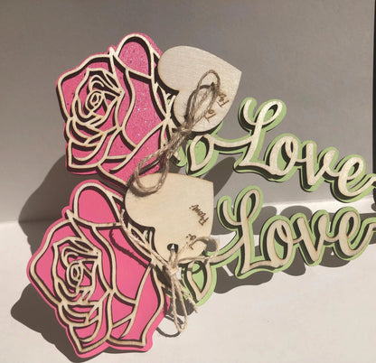 Rose with Love on stem, Pink with Glitter- Laser Cut-great for Valentine, Birthdays, Mother’s Day, Wedding gifts.