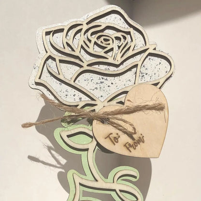 Rose with Love on stem, White with Glitter- Laser Cut-great for Valentine, Birthdays, Mother’s Day, Wedding gifts.