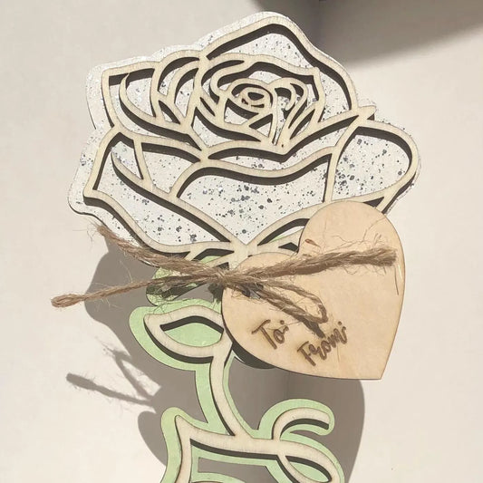 Rose with Love on stem, White with Glitter- Laser Cut-great for Valentine, Birthdays, Mother’s Day, Wedding gifts.