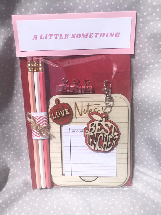 Teacher Appreciation Gift Set, memo pad, clips, keychain and pencils