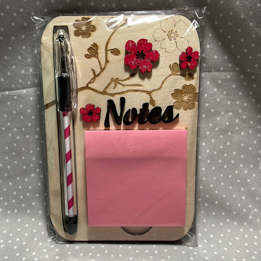 Post it with pen, Cherry Blossom with Notes, Laser Engraved wood