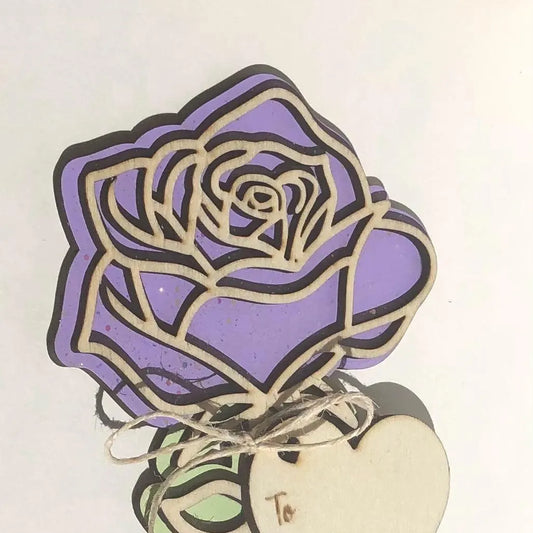 Rose with Love on stem, Lavender with Glitter- Laser Cut-great for Valentine, Birthdays, Mother’s Day, Wedding gifts.