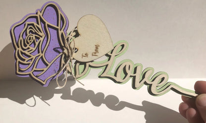 Rose with Love on stem, Lavender with Glitter- Laser Cut-great for Valentine, Birthdays, Mother’s Day, Wedding gifts.
