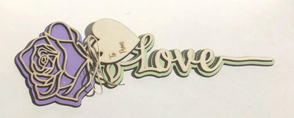 Rose with Love on stem, Lavender with Glitter- Laser Cut-great for Valentine, Birthdays, Mother’s Day, Wedding gifts.