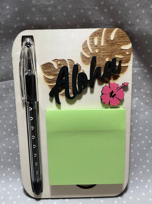 Post it with pen, Monstera with Aloha, Laser Engraved wood