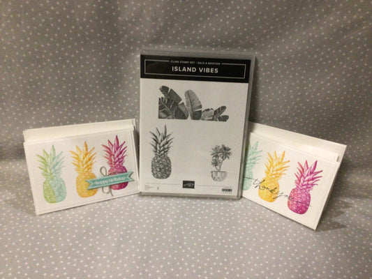 Retired SALE-A-BRATION Stampin Up! Island Vides with 4 pineapple note cards with envelopes- 2x Happy Birthday & 2x Thank You greeting cards